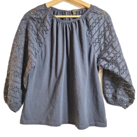 J. Crew Navy Cotton Blouse with Eyelet Lace Sleeves Size Small - Picture 2 of 6